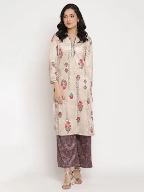 Ahalyaa Women's Beige Color Digital Print Velvet Kurta With Palazzo