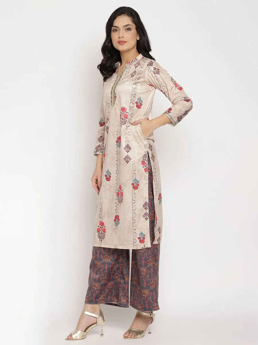 Ahalyaa Women's Beige Color Digital Print Velvet Kurta With Palazzo