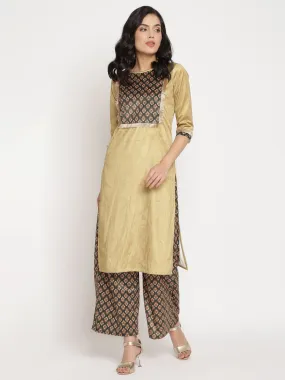 Ahalyaa Women's Mustard Color Digital Print Velvet Kurta With Palazzo