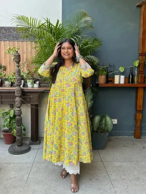 All over printed Anarkali-Yellow