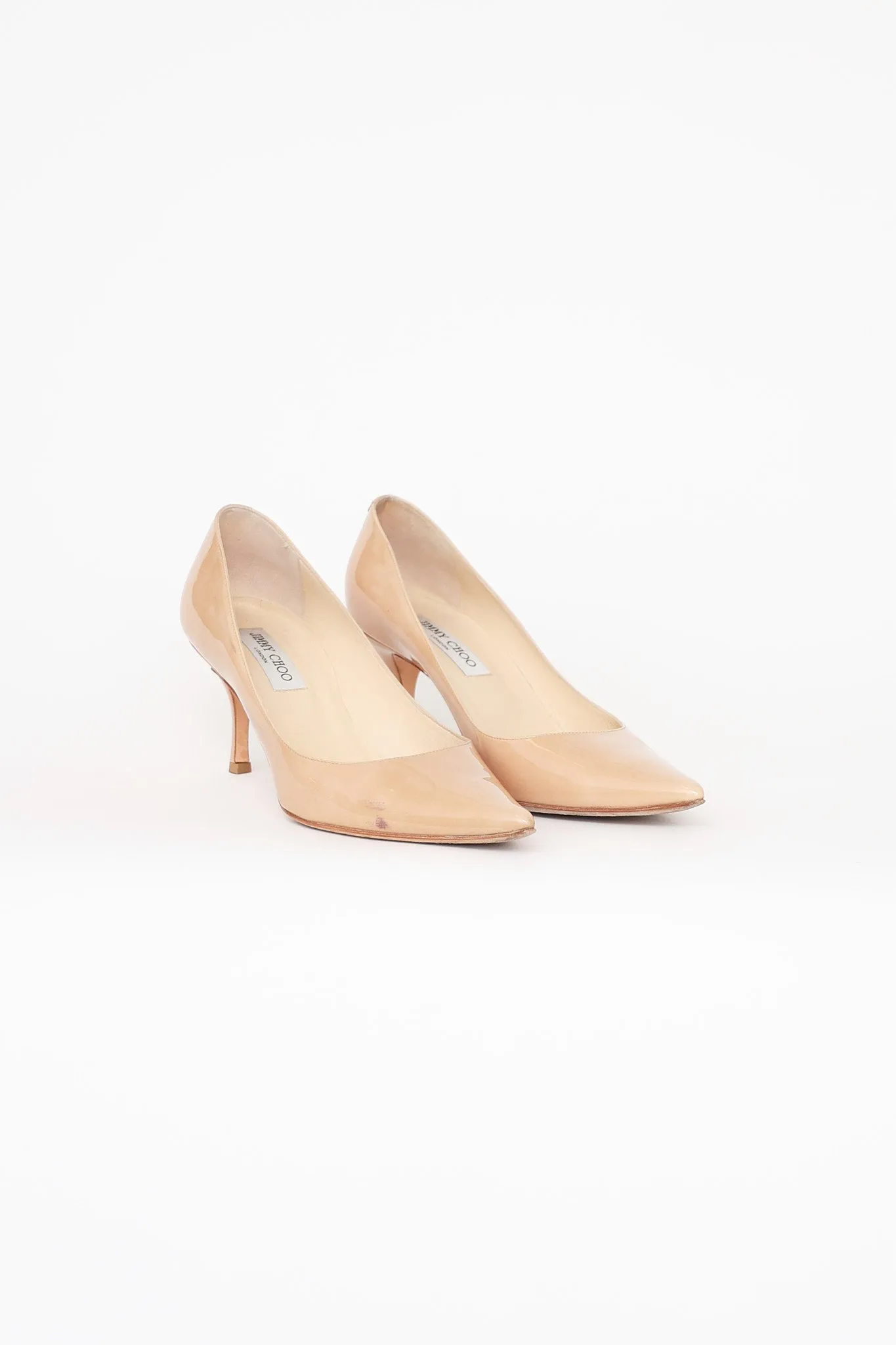 Beige Patent Pointed Toe Pump