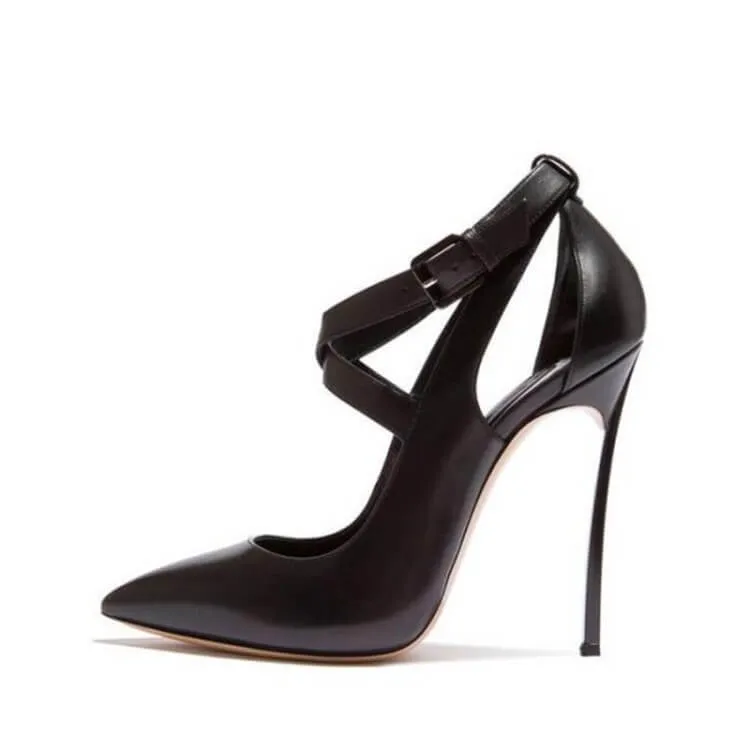 Black Leather Cutout Pointed Toe Stiletto Heel Pumps