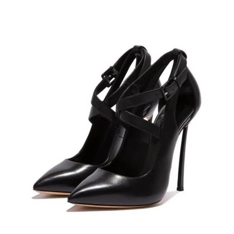 Black Leather Cutout Pointed Toe Stiletto Heel Pumps