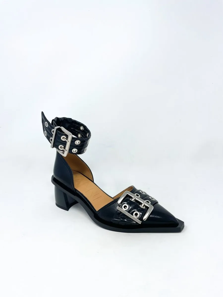 Chunky Buckle Open Cut Pump Naplack in Black