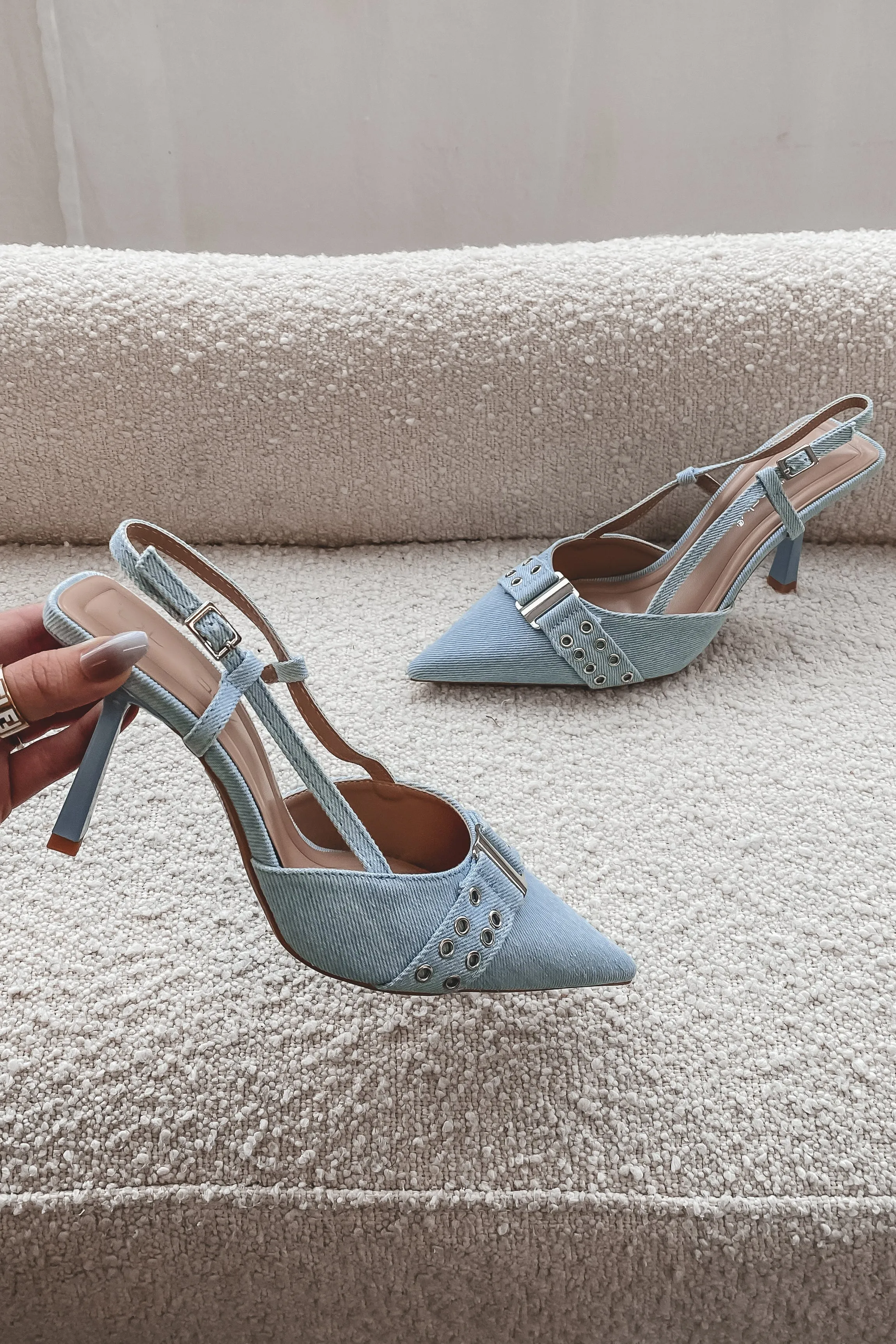 DEAL Locked In Pointed Toe Denim Sling Back Heels