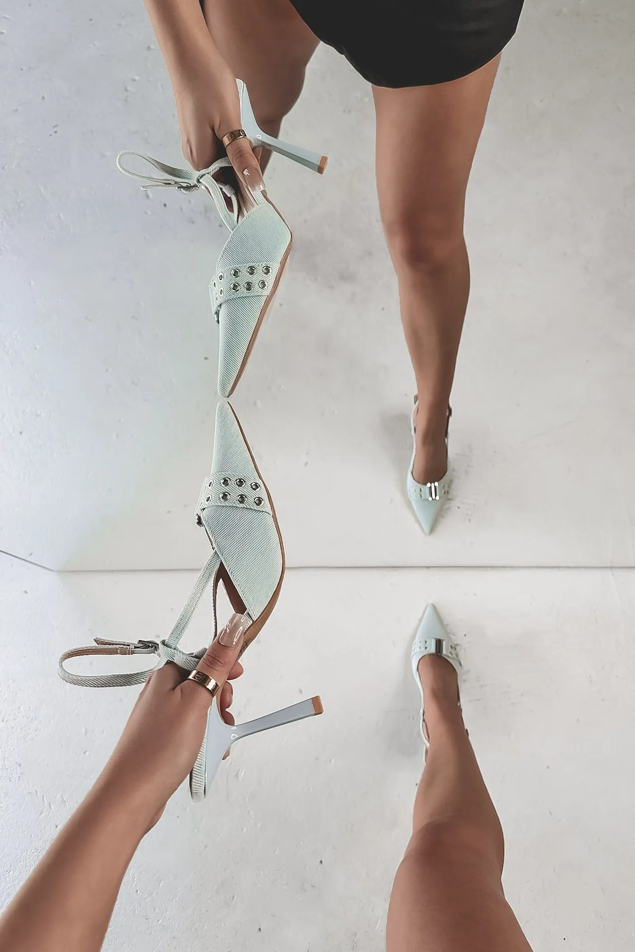 DEAL Locked In Pointed Toe Denim Sling Back Heels