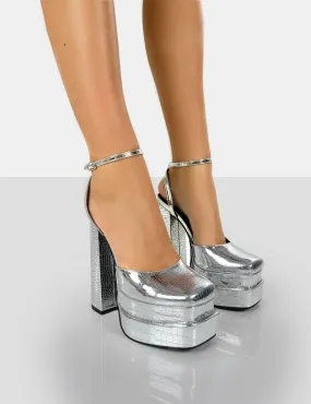 Moonchild Silver Croc Closed Toe Statement Platform Block Heels