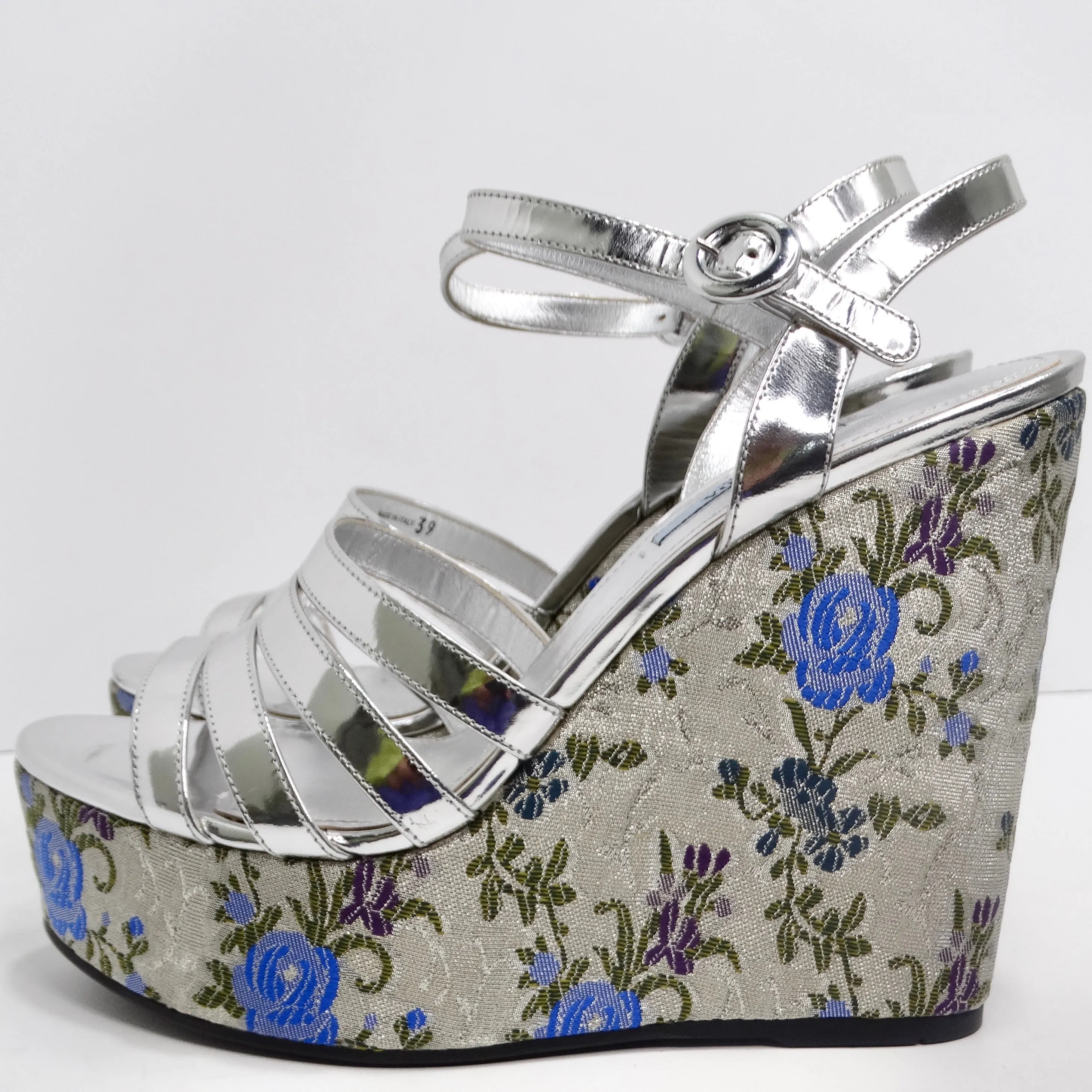 Prada Metallic Silver Floral Jacquard Leather Wedge Sandals