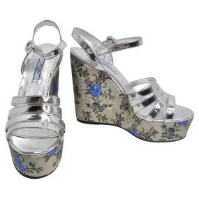 Prada Metallic Silver Floral Jacquard Leather Wedge Sandals