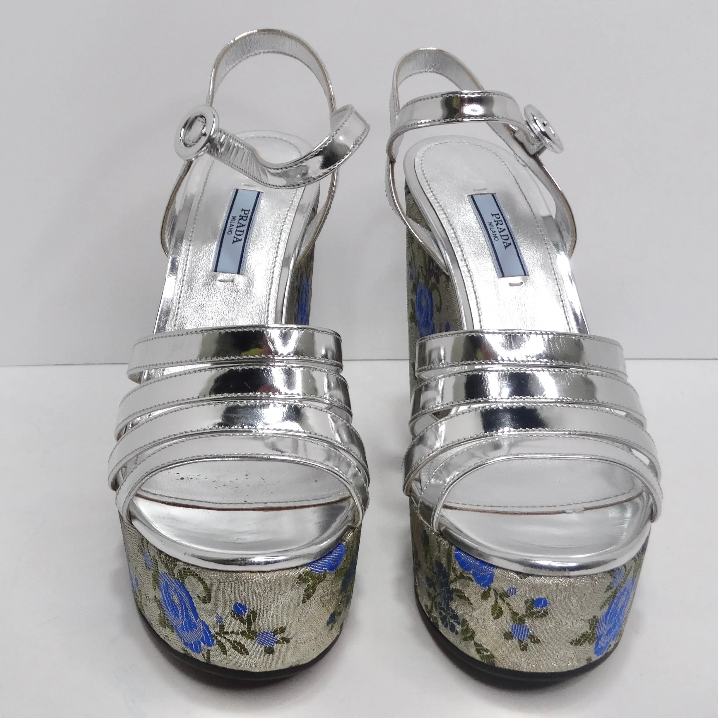 Prada Metallic Silver Floral Jacquard Leather Wedge Sandals