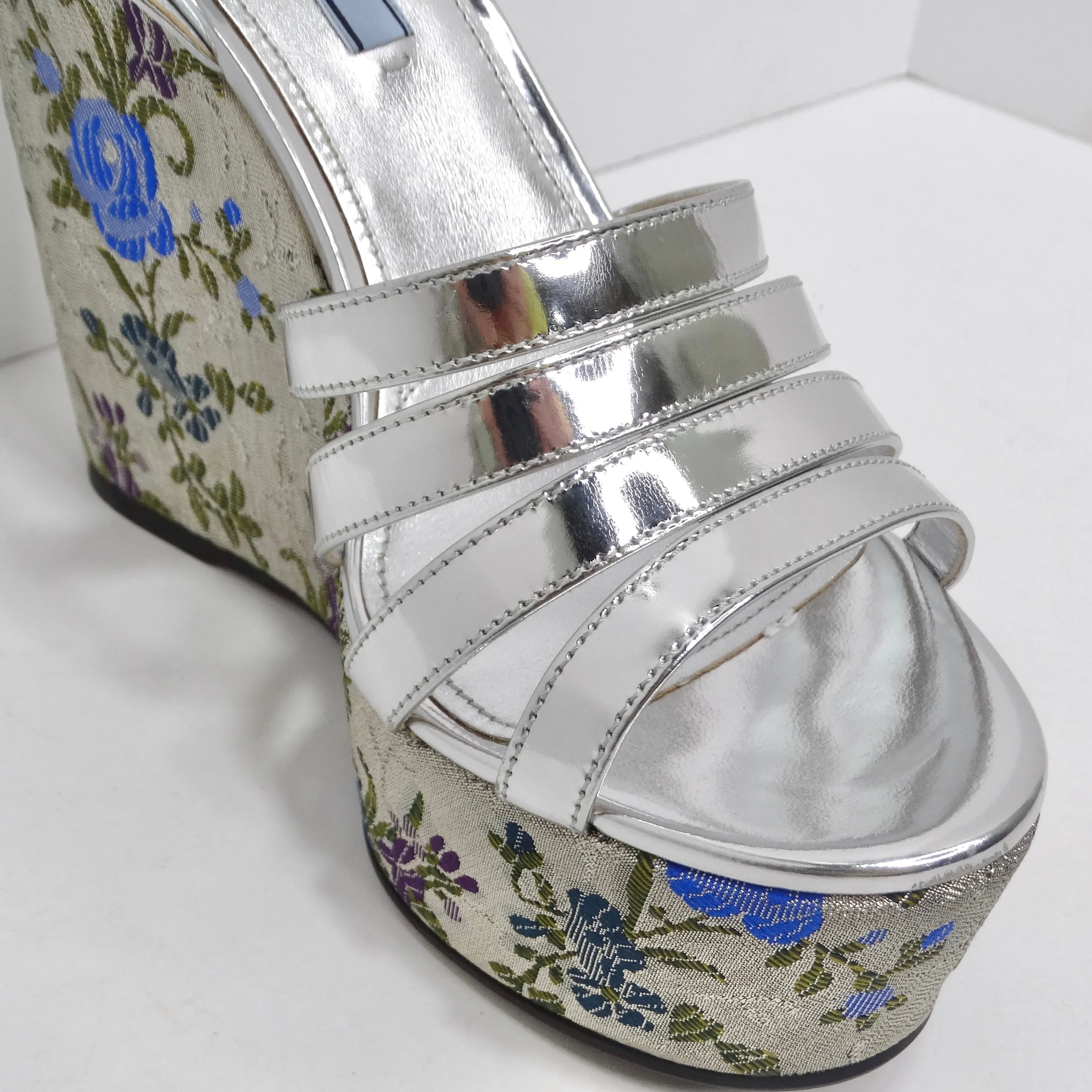 Prada Metallic Silver Floral Jacquard Leather Wedge Sandals