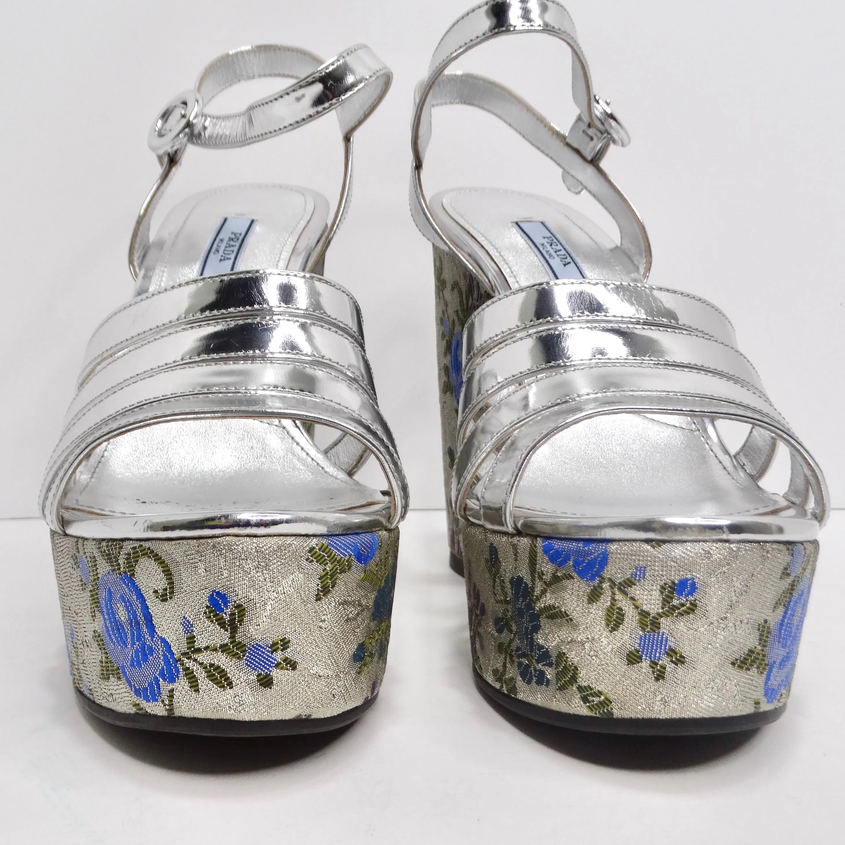 Prada Metallic Silver Floral Jacquard Leather Wedge Sandals