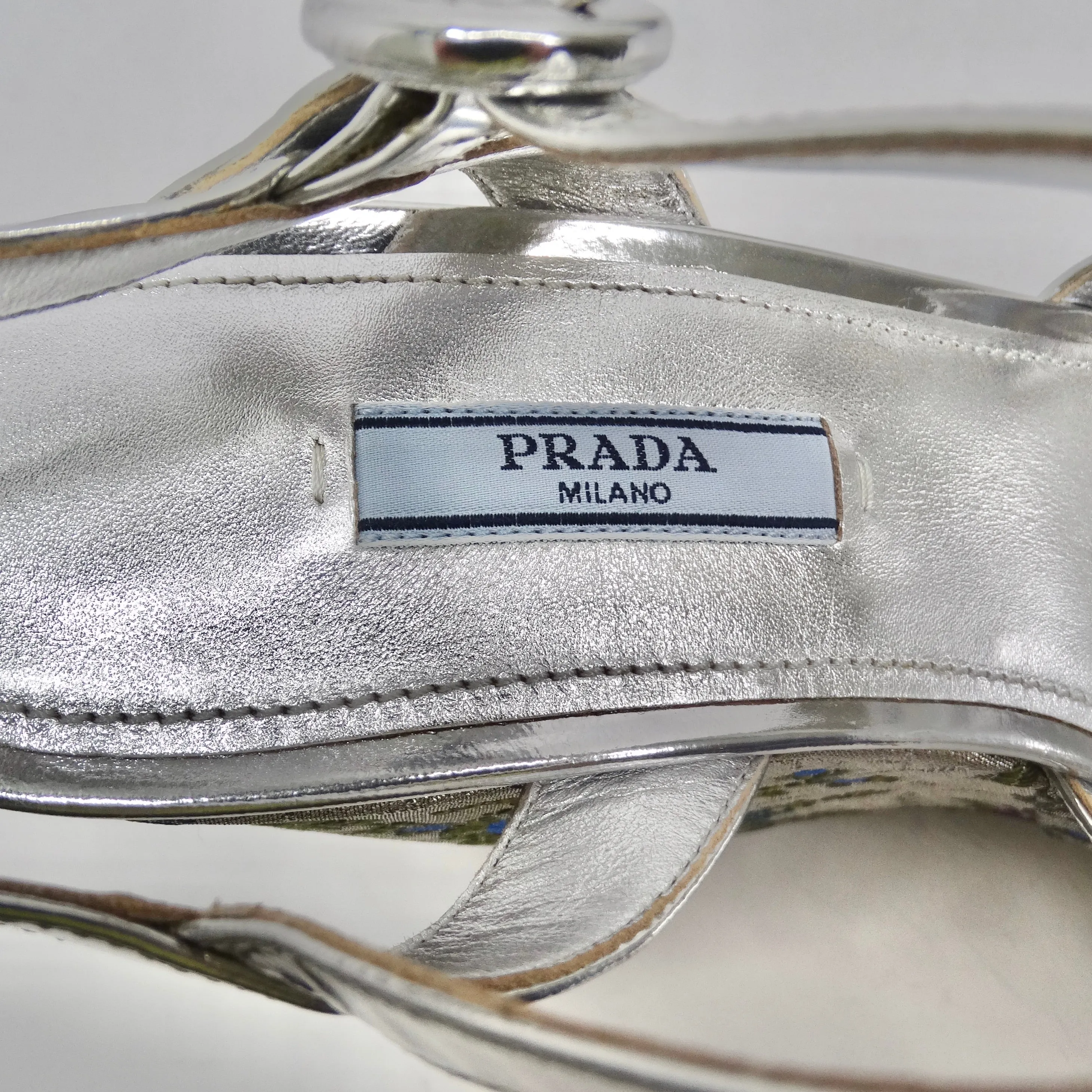 Prada Metallic Silver Floral Jacquard Leather Wedge Sandals