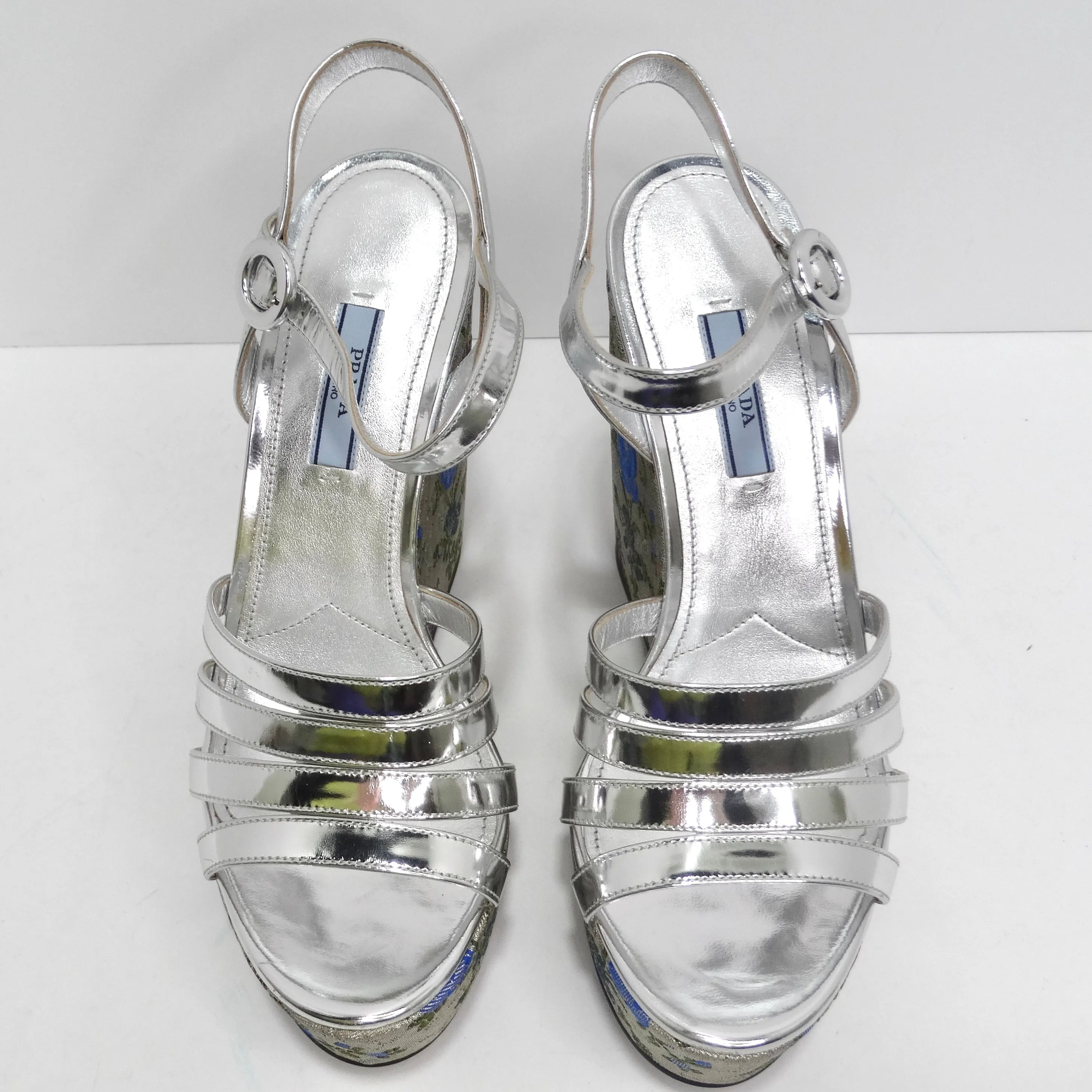 Prada Metallic Silver Floral Jacquard Leather Wedge Sandals