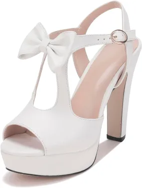 Pretty White Bow Chic Platform Open Toe Mary Jane Heels