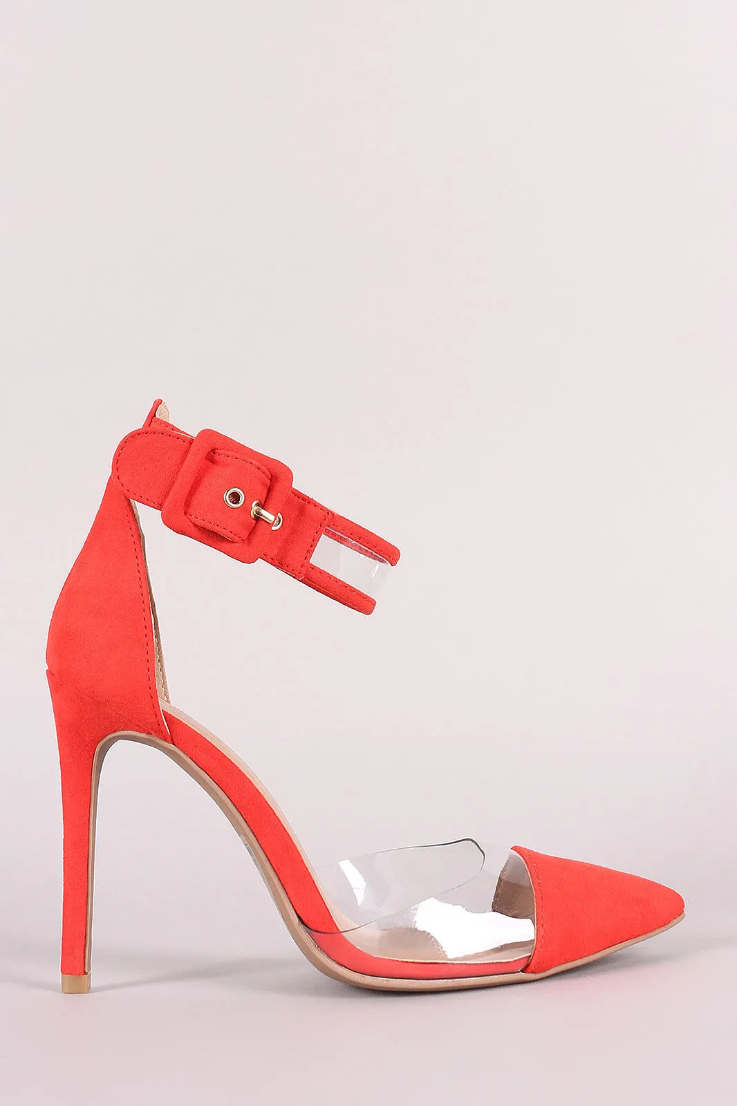 Qupid Pointy Toe Clear Inset Ankle Strap Stiletto Pump