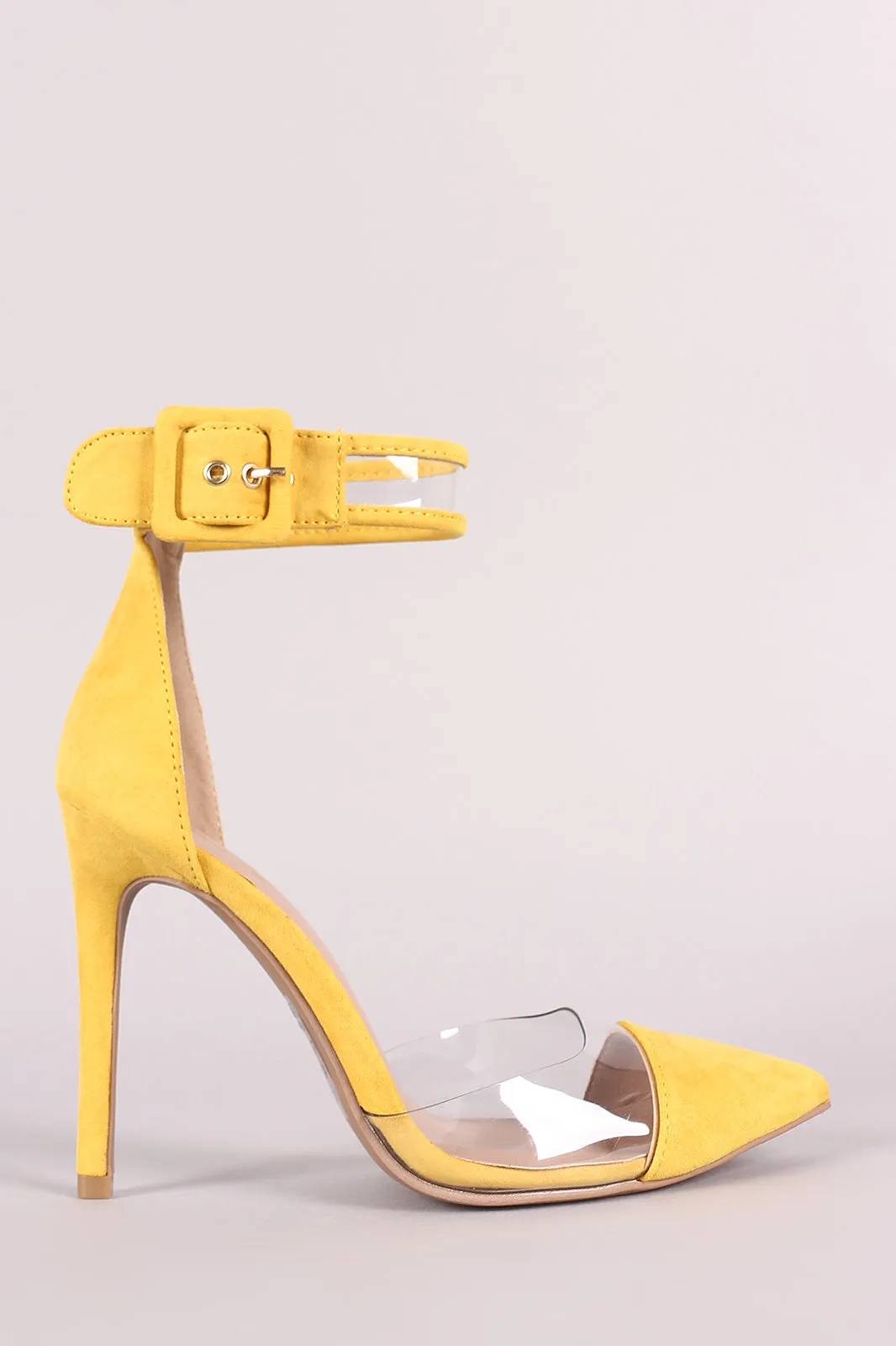 Qupid Pointy Toe Clear Inset Ankle Strap Stiletto Pump