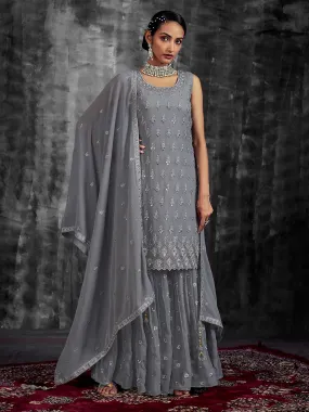 Stylish Embroidered Grey Georgette Stitched Kurta Set