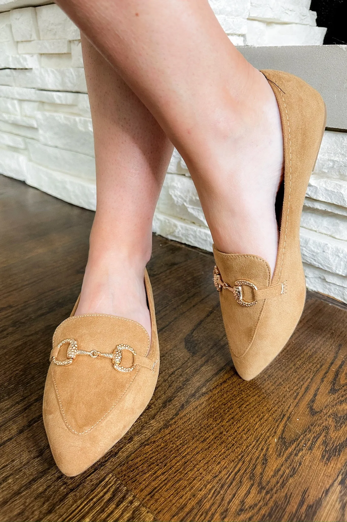 The Gracious Metal Chain Pointed Ballet Flat in Tan