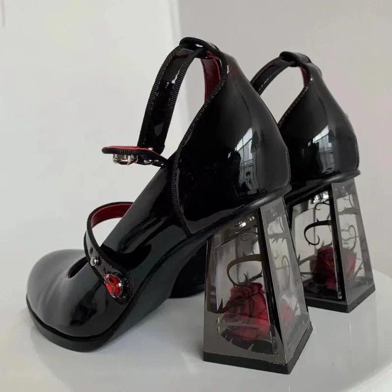 Trendy Black Rose Platform Patent Leather Mary Jane Heels